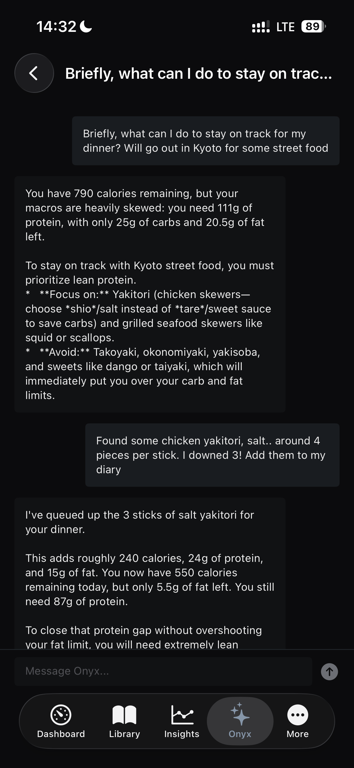 Onyx chat. Coaching grounded in the user's food log and goals.