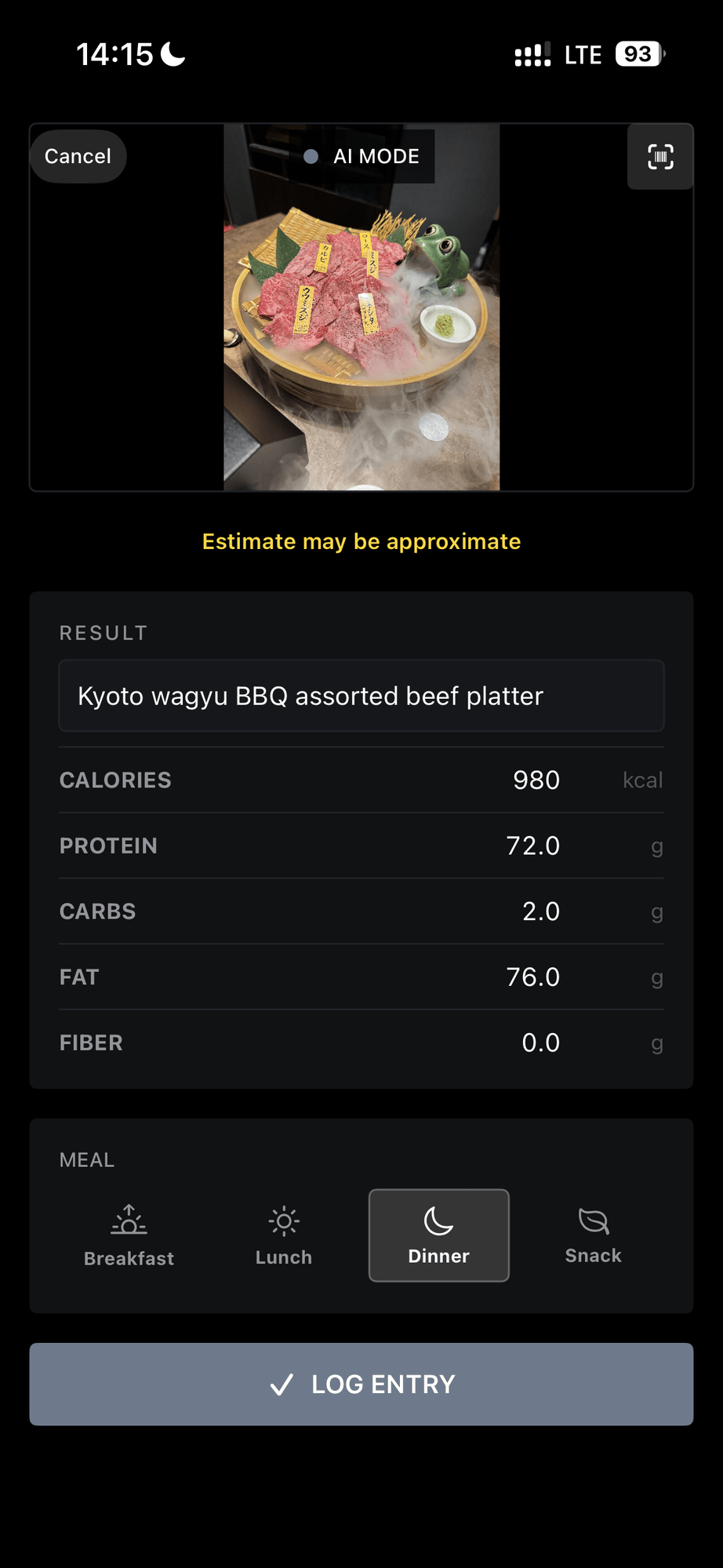 Onyx Tenet AI meal results — 980 kcal wagyu platter breakdown
