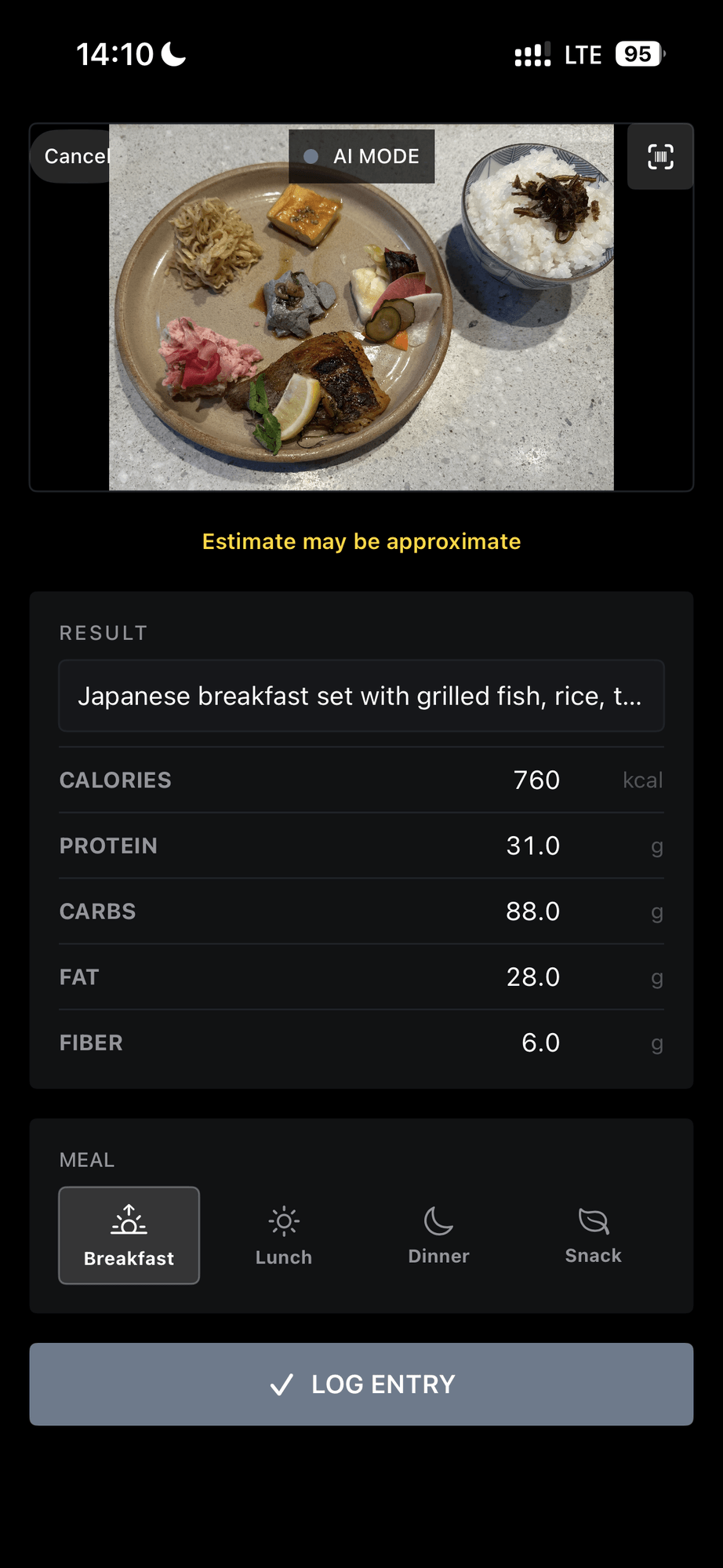 AI estimation results. 760 kcal Japanese breakfast breakdown.
