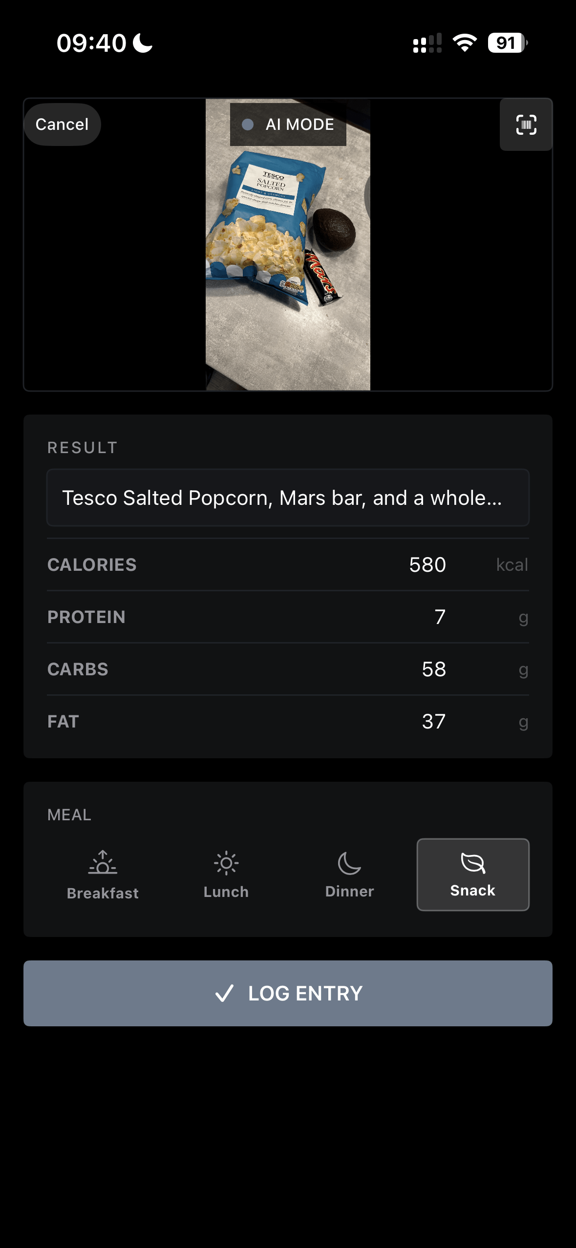 AI estimation results with calories and macros