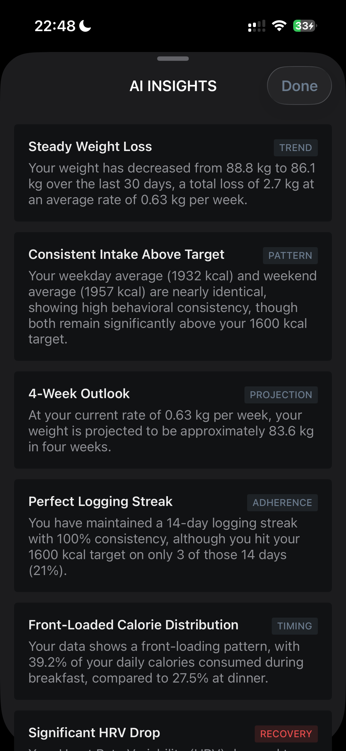 AI Insights screen showing trend analysis and body composition cards