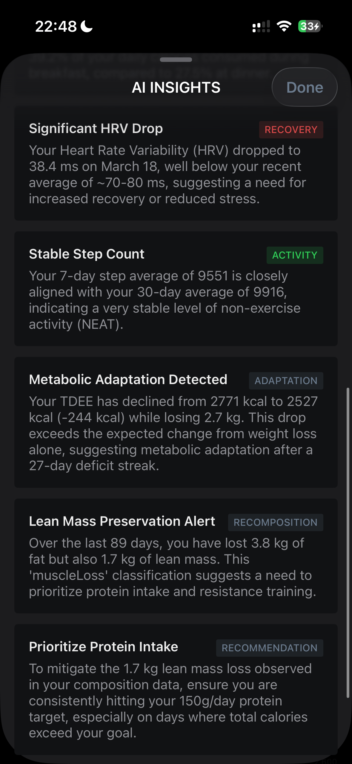 AI Insights screen showing projections and metabolic adaptation cards