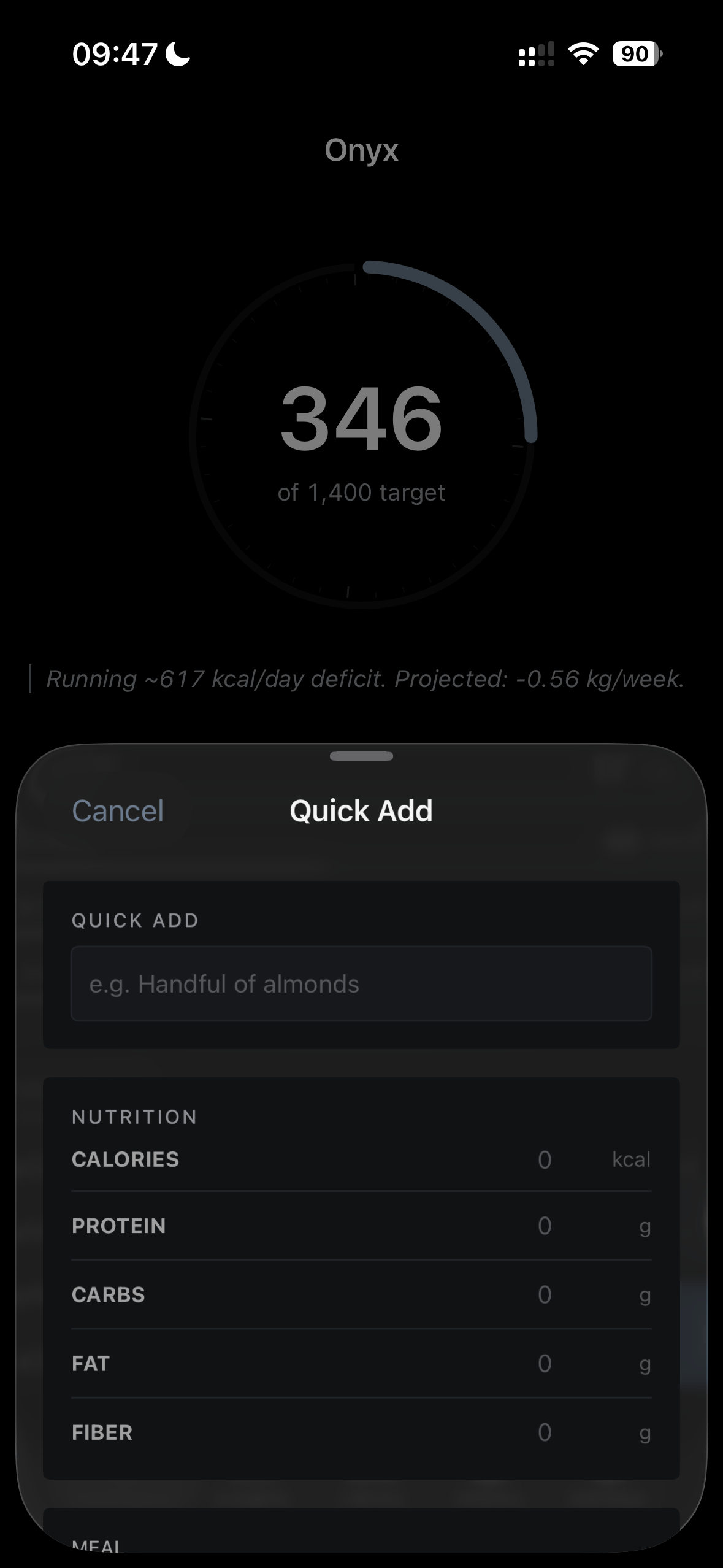 Quick add sheet with calorie and macro fields