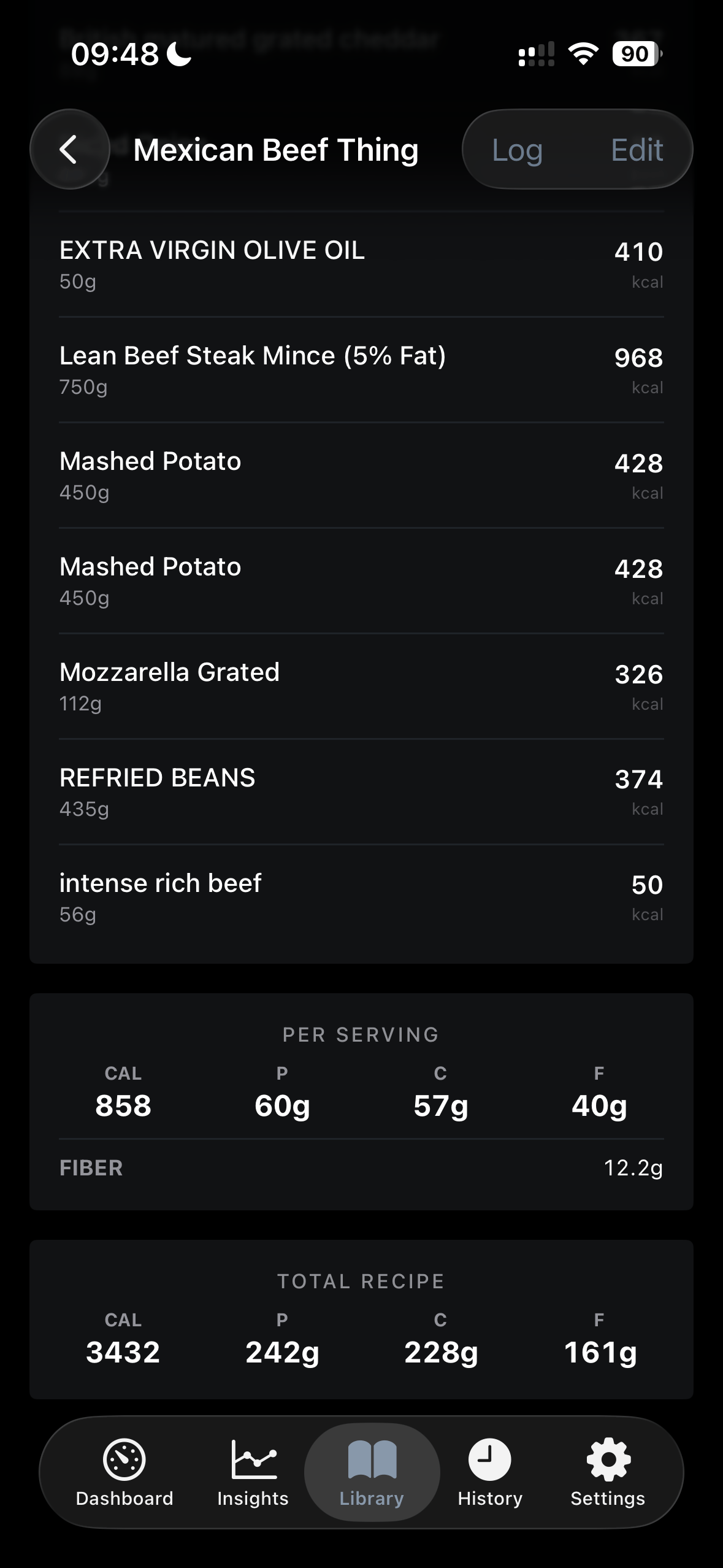 Recipe detail with ingredient list and per-serving macros