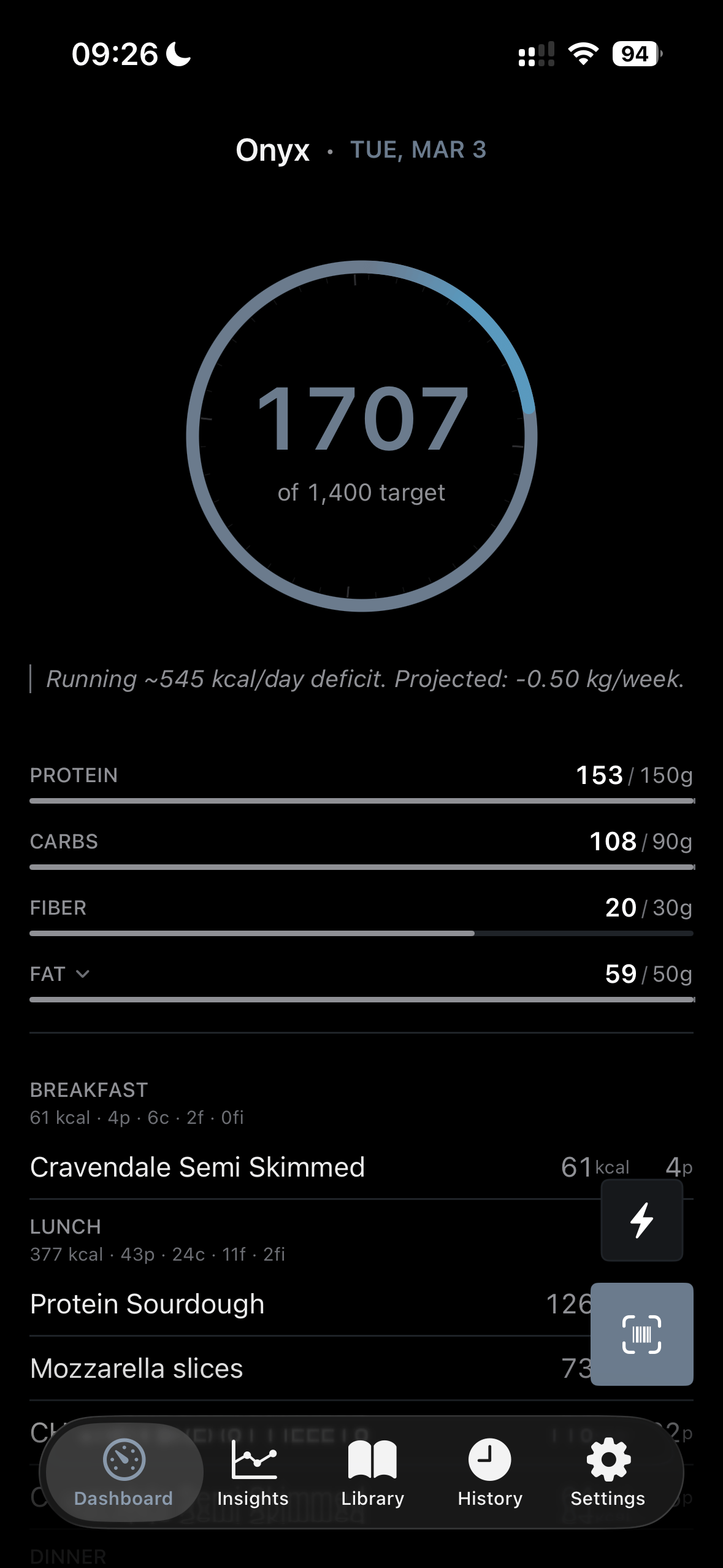 Onyx Tenet dashboard — calorie ring and meal log